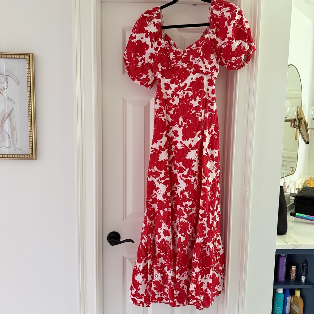 Free the Roses Red Floral Puff Sleeve Midi Dress